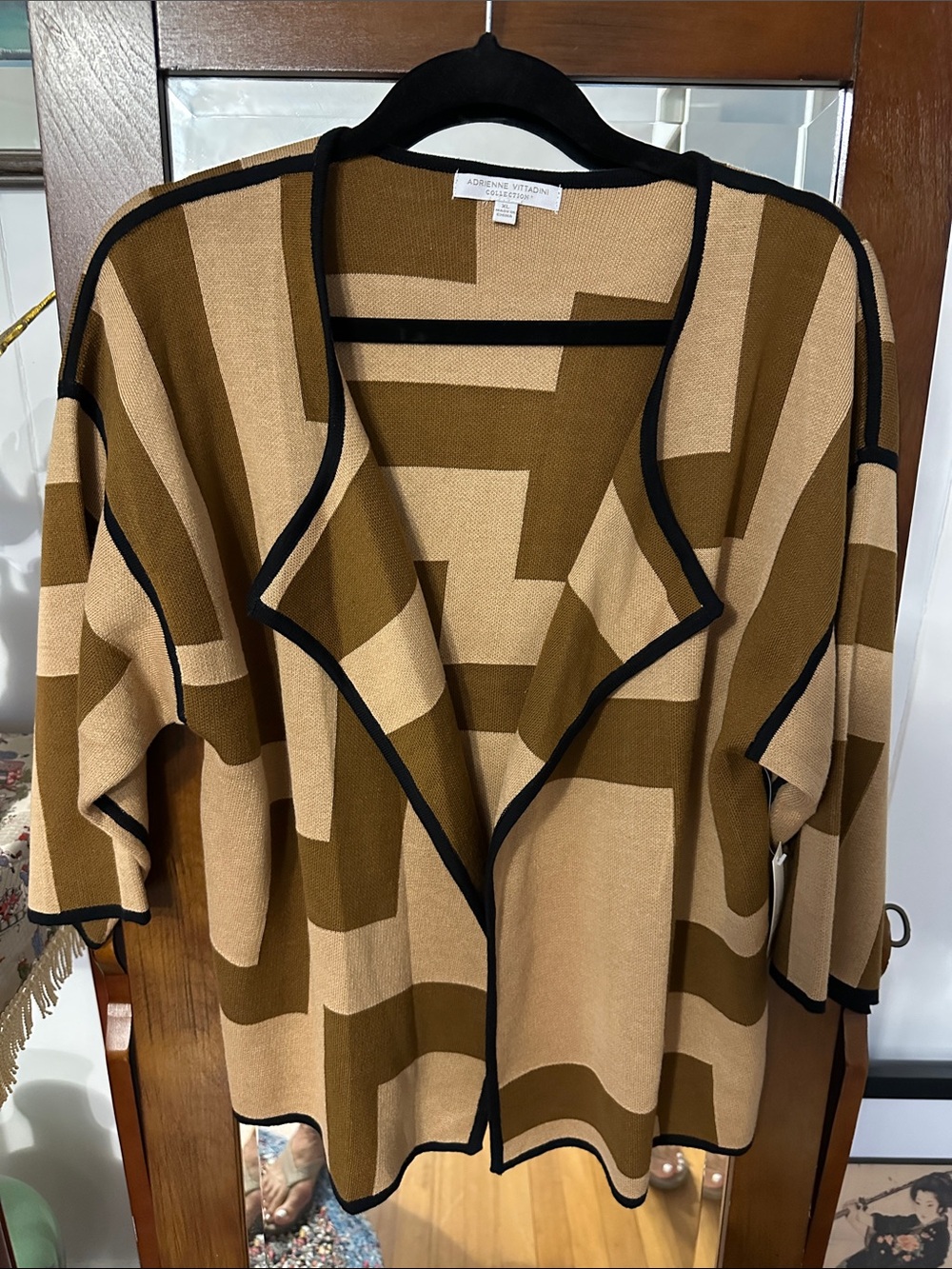 Adrienne Vittadini Tan & Olive Geometric Open Cardigan with Black Trim